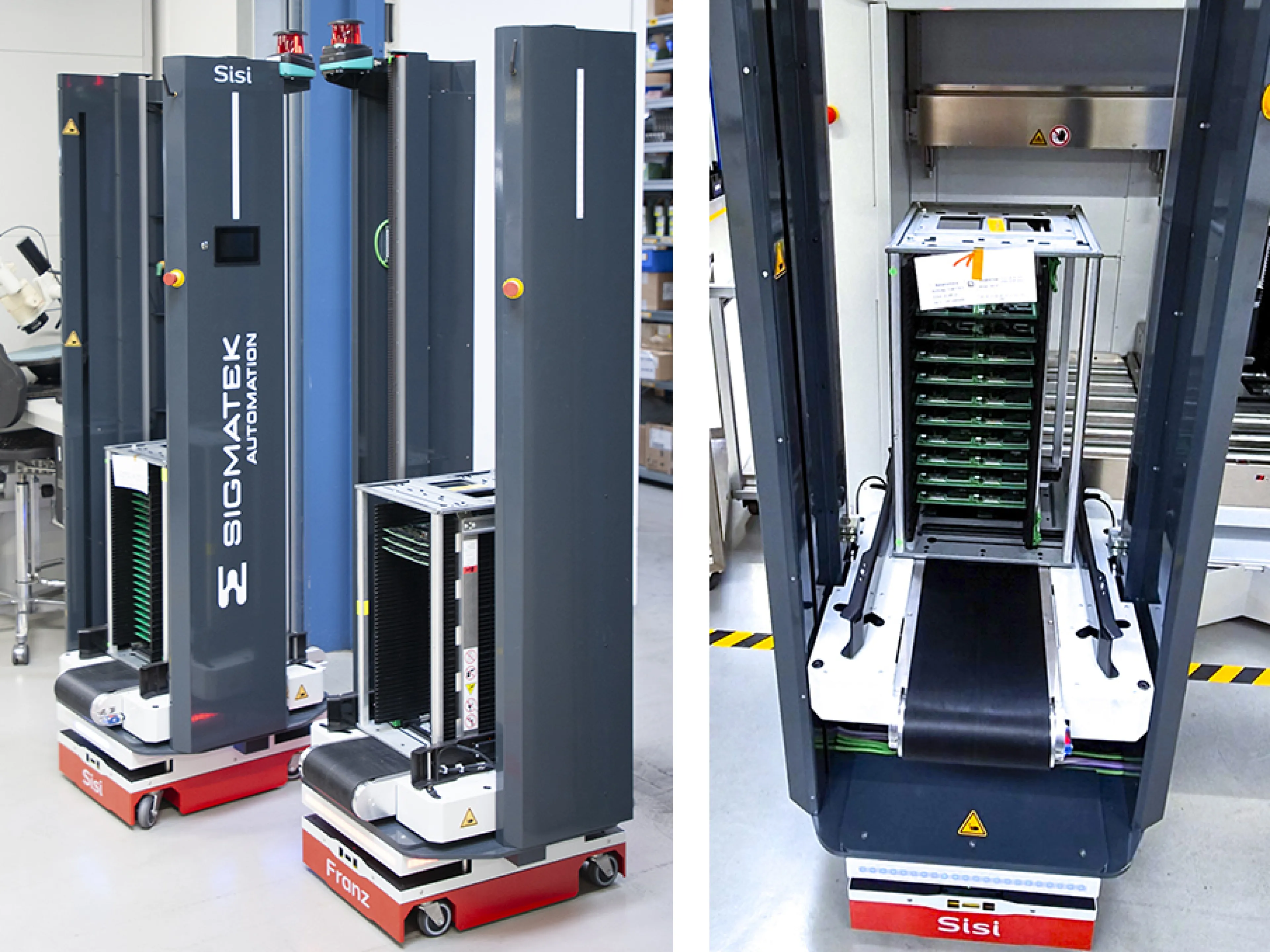 (li.) Mit viel Effizienz sorgen zwei AGVs für einen automatisierten Workflow in der Sigmatek-Logistik. (re.) Dank integriertem Förderband- und Liftsystem übergeben Sisi und Franz ihre Ladung flexibel auf verschiedenen Höhen