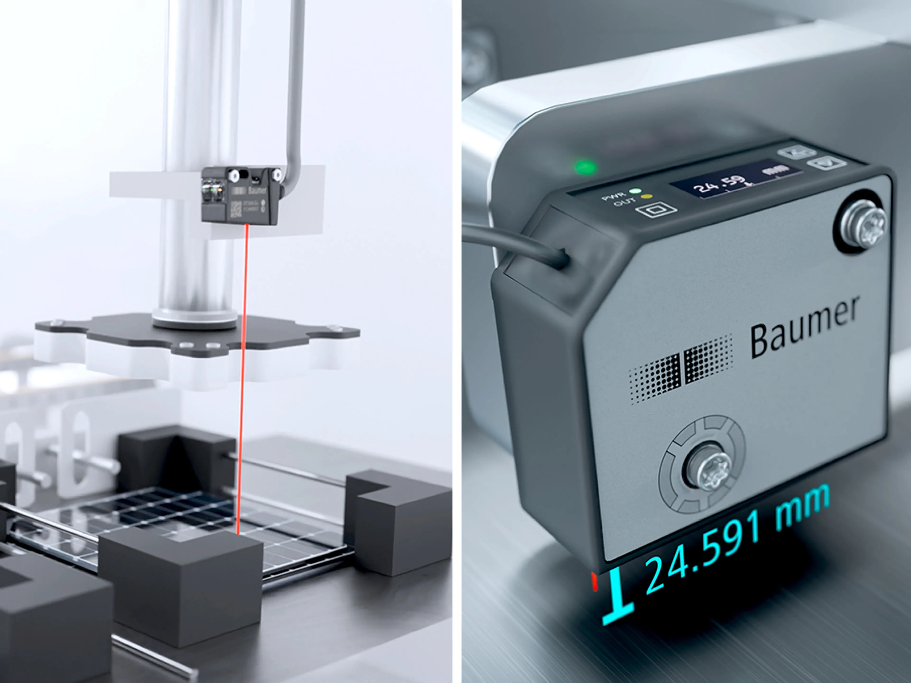 Optische Distanzsensoren: Time-of-Flight-Sensoren mit Laserstrahl (links) ermöglichen die präzise Positionierung eines Greifers auch auf unregelmässig geformten oder ultraschwarzen Objekten mit schlechten Remissionseigenschaften. Dank eines besonders feinen Linienstrahls messen Laser-Distanzsensoren (rechts) sehr zuverlässig und wiederholgenau und erzielen auch auf anspruchsvollen Oberflächen stabile und präzise Messergebnisse