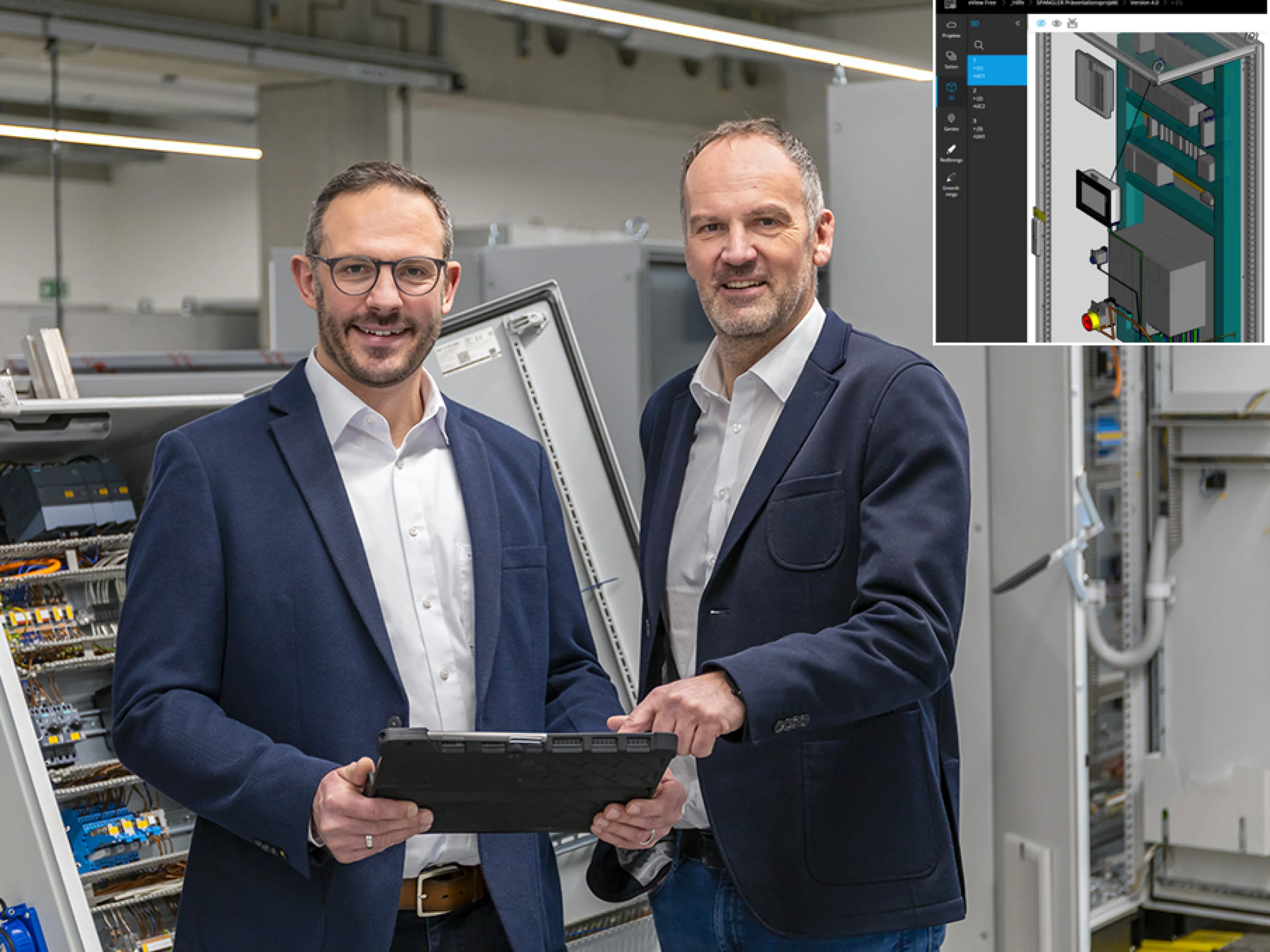 Rainer Meier, Systemadministrator bei Spangler, und Geschäftsführer Christian Brandmüller in der Fertigung. Bei jedem Projekt sind die Eplan-Plattformen im Einsatz