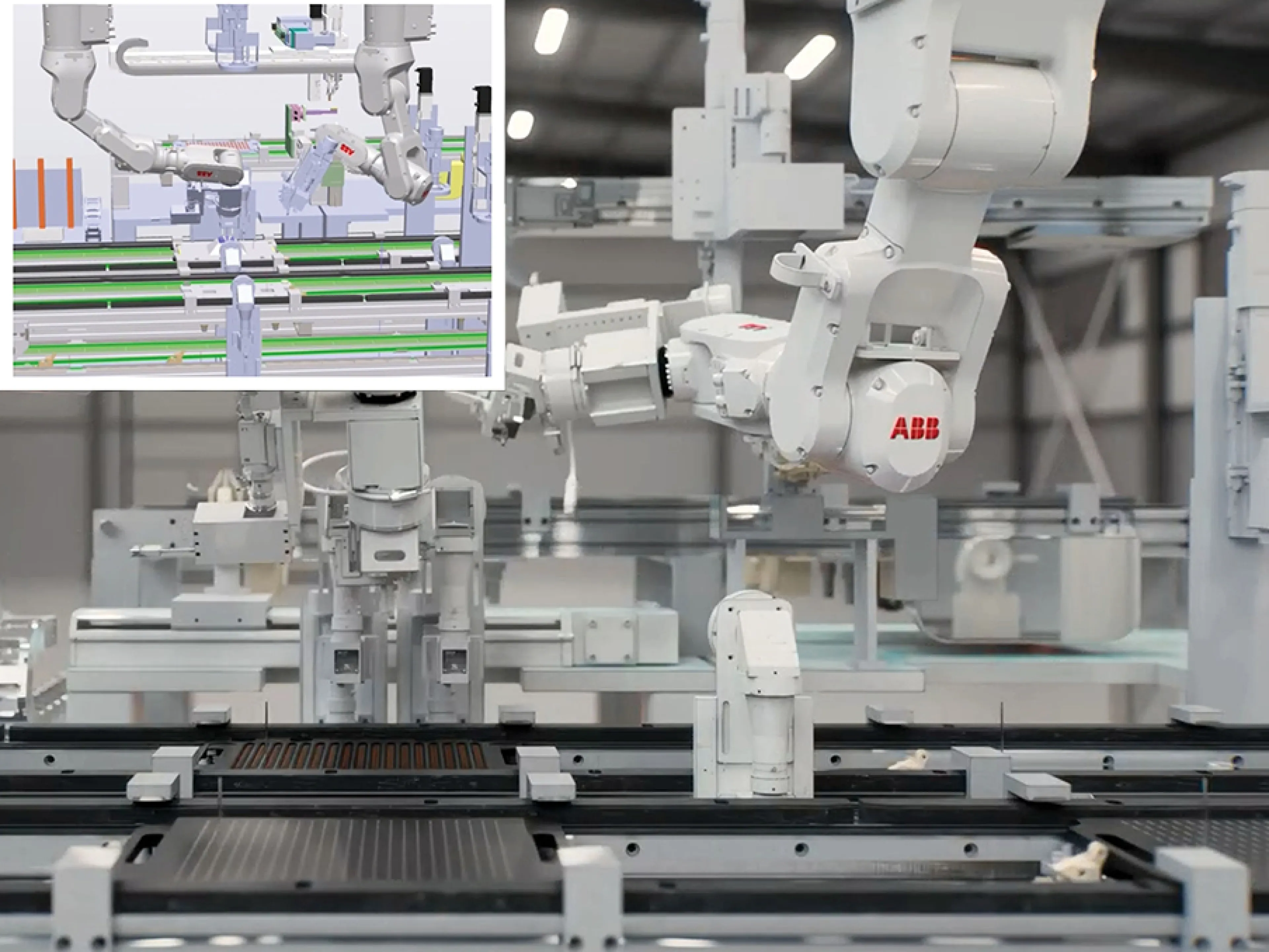 ABB Robotics Simulation in Robotstudio (oben links) im Vergleich zum neuen Robotstudio Hyperreality von ABB Robotics