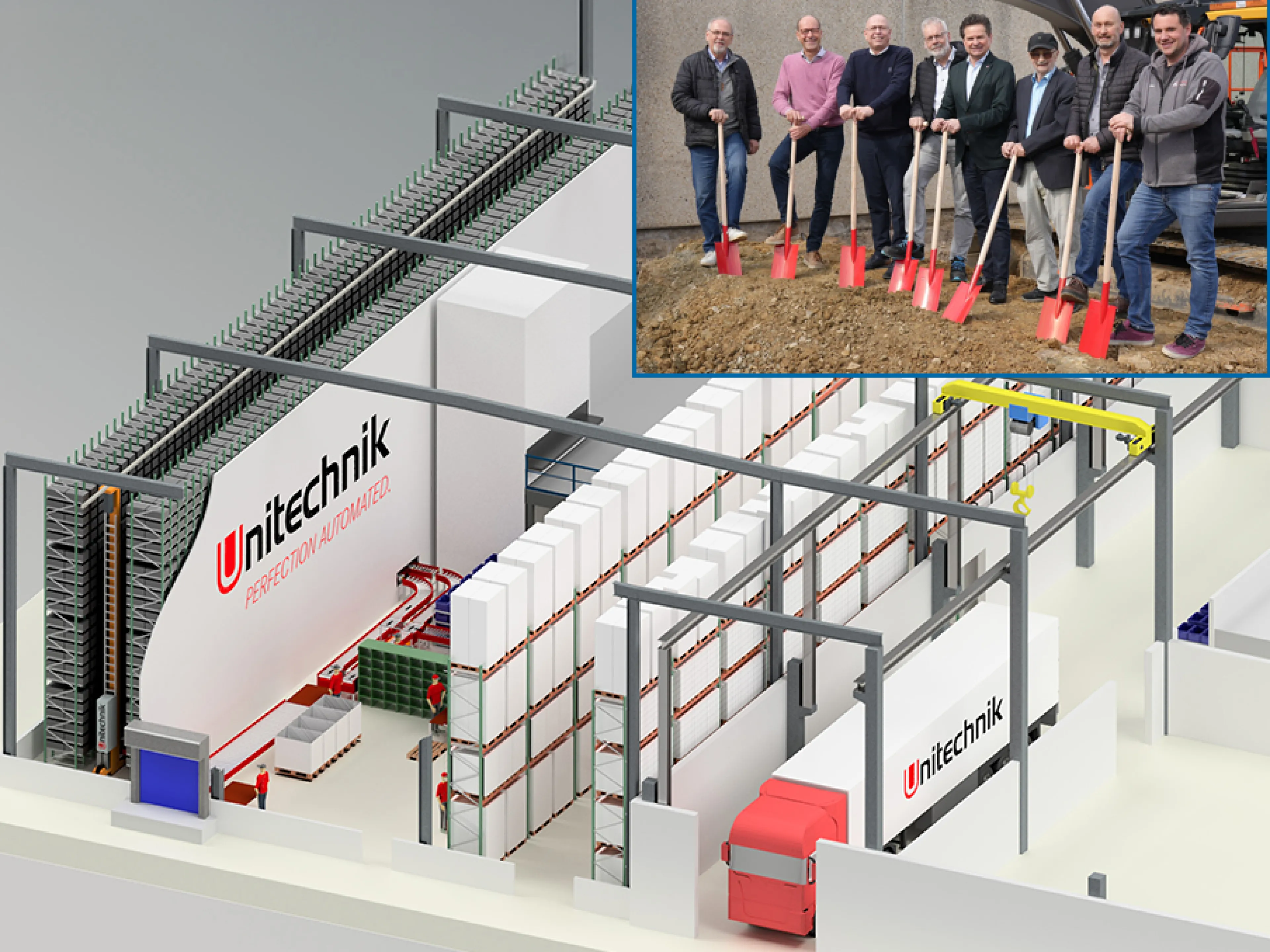 Die automatisierte Logistik unterstützt die internen Abläufe und die zukünftige Entwicklung des Unitechnik-Standorts Wiehl. Der Spatenstich erfolgte am 20.03.2026 in Wiehl, v.l.n.r.: Vladimir Musil, Architekt; Wolfgang Cieplik, Inhaber; Torsten Ley, Geschäftsführer; Dirk Panske, Projektleiter; Ulrich Stücker, Bürgermeister Wiehl; Heinz Poppek, Firmengründer; Rainer Poppek, Inhaber; Alexander Müller, Bauunternehmer