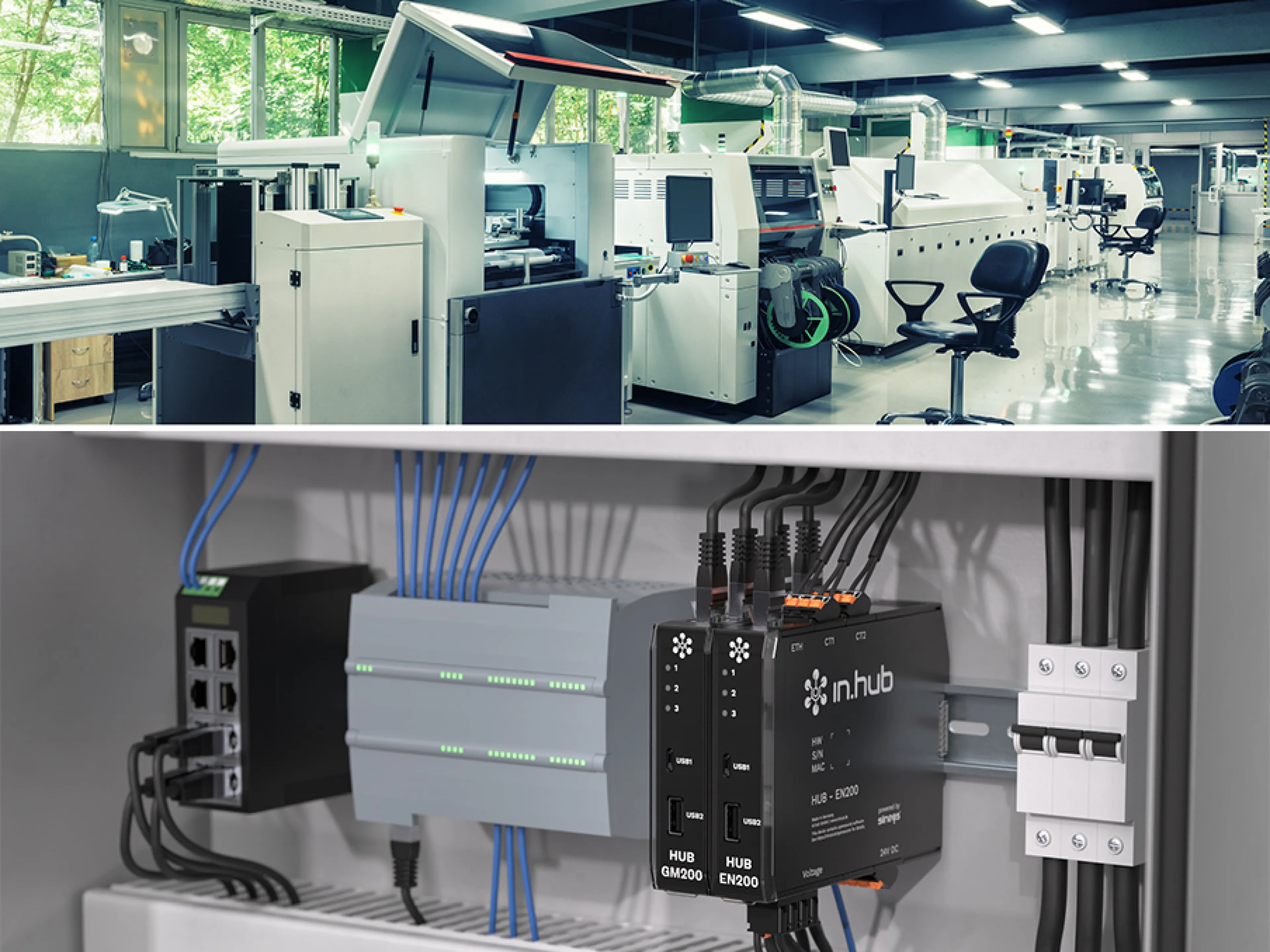 Einsatz der „in.hub“-Module (unten) für ein effizientes Energiemanagement in der SMD-Fertigung (oben)