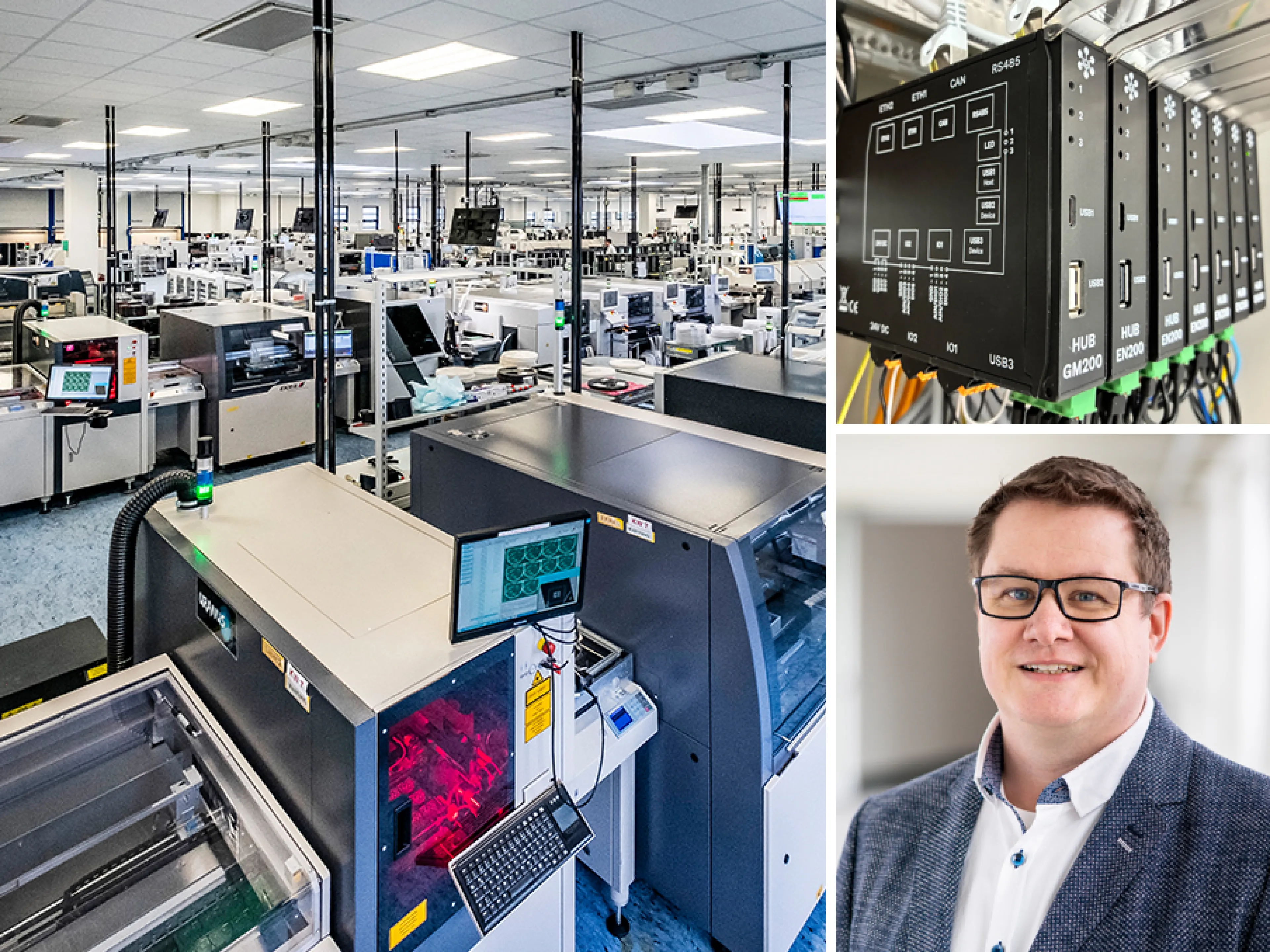 Hannes Grigull (re. unten), Energie- und Umweltmanager bei Turck Beierfeld, berichtet über den Einsatz der „in.hub“-Module (oben re.) für ein effizientes Energiemanagement in der SMT-Fertigung (li.)