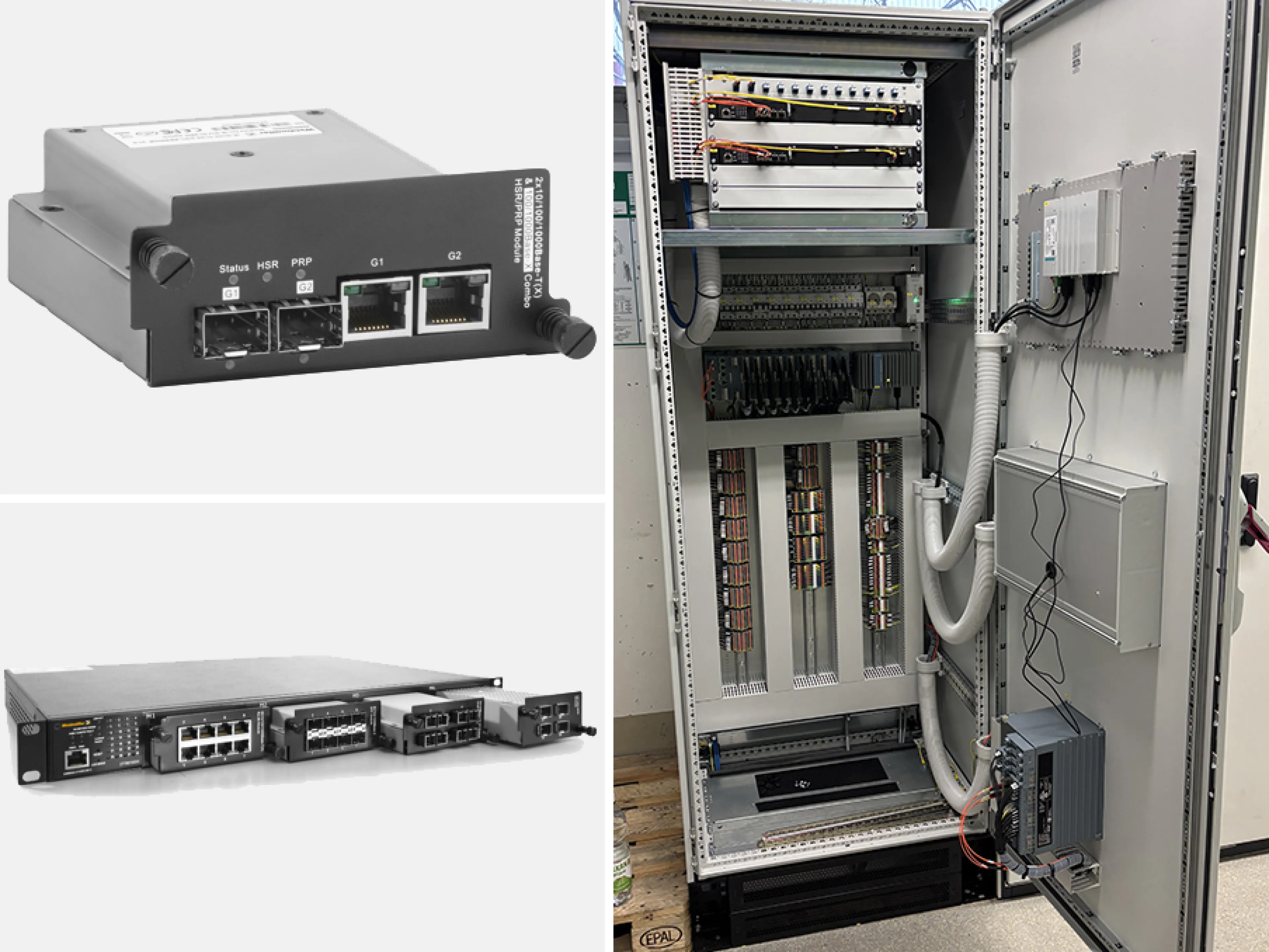 Die Managed Switches (links) der Substationline können bis zu drei HSR/PRP-Module aufnehmen. Die Möglichkeit, drei HSR-Ringe pro Switch aufzubauen, spart Platz und Materialien im Serverschrank (rechts)