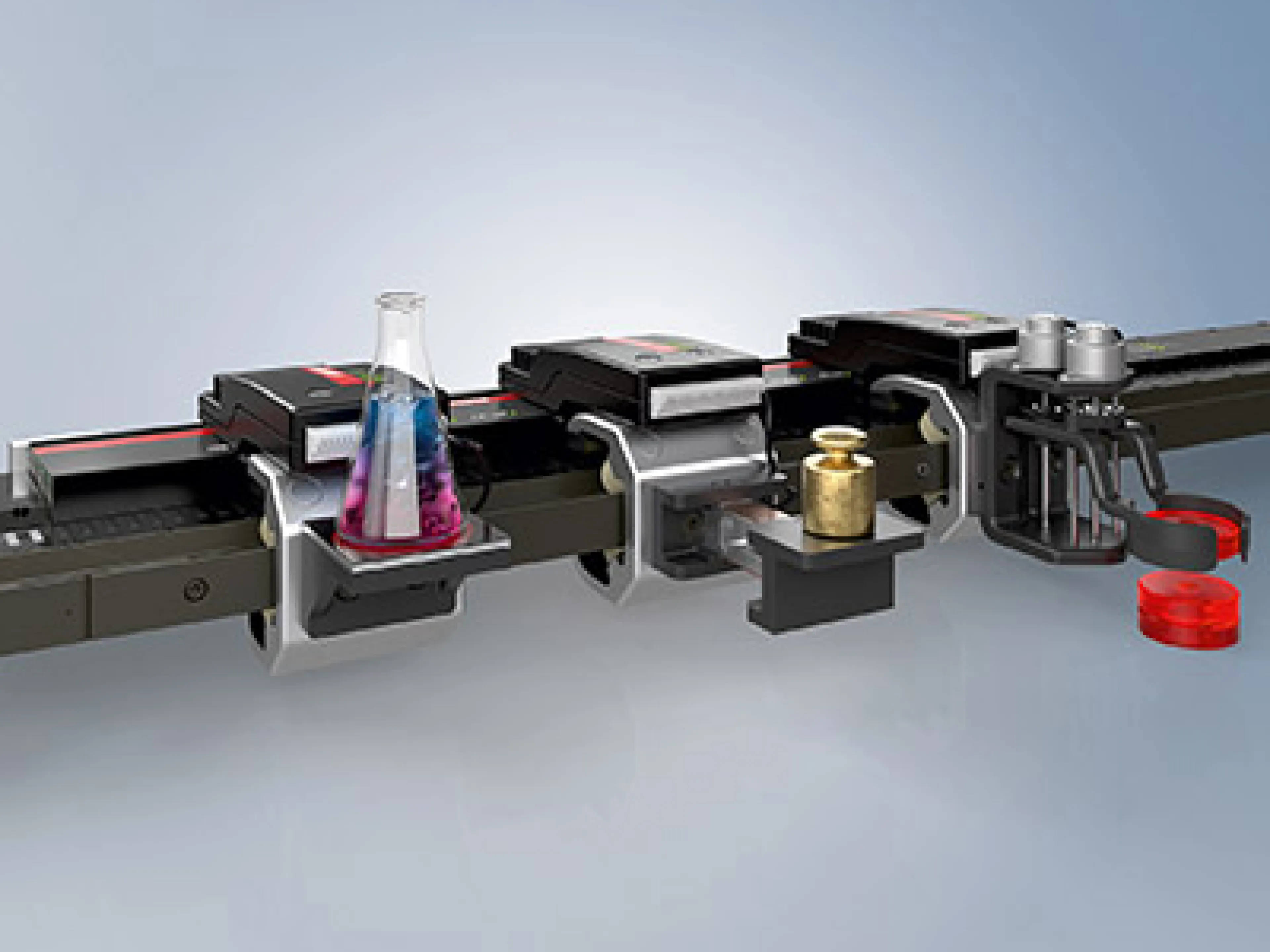 Die XTS-Mover können mit der neuen No Cable Technology zu mobilen Handling- oder Bearbeitungsstationen werden und damit XTS zu einem hochflexiblen Multi-Robotersystem erweitern.