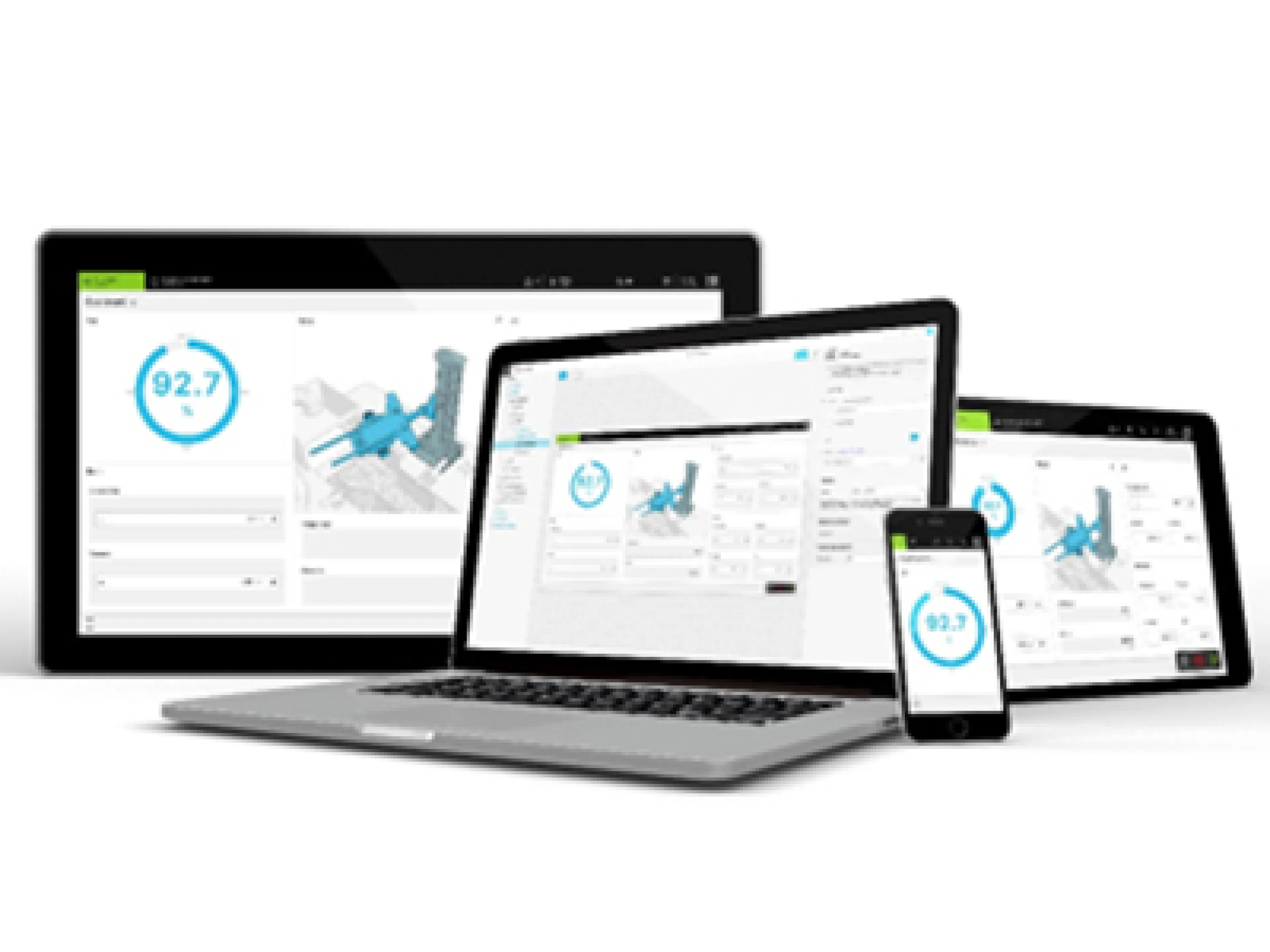 KEB Automation/HMI Project: Exemplarische Darstellung eines Beispiel-HMIs auf verschiedenen Endgeräten (in der Mitte: HMI Content Editor)