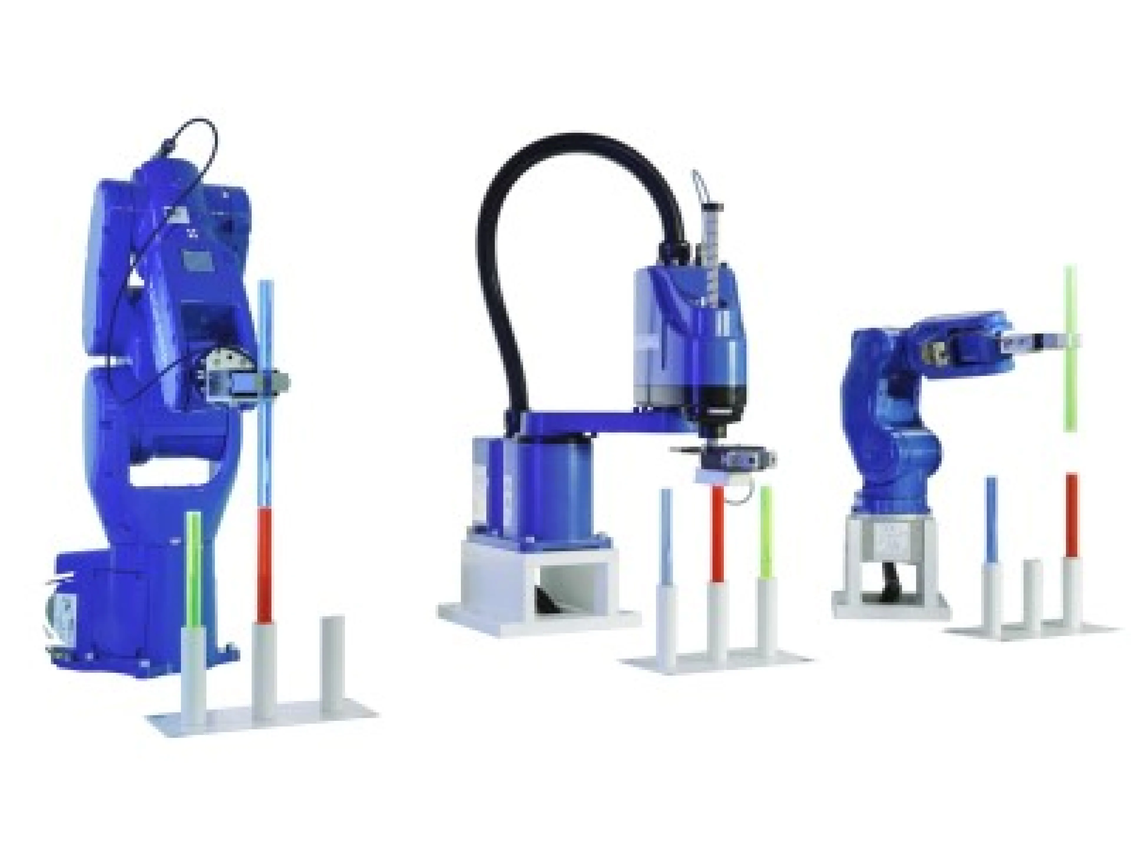 Am diesjährigen Motek-Stand von Yaskawa übernehmen ein kompakter Handlingroboter, der neue Scara-Roboter und ein Motomini gemeinsam schnelle Handlingaufgaben