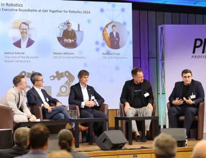 v. l.n.r.: Beim Robotics Executive Roundtable „Trends in Robotics“ diskutierten unter Leitung von Max Radford, Helmut Schmid, Reinhold Gross, David Reger und Mladen Milicevic über das zukünftige Potenzial aber auch die Herausforderungen der Robotertechnologie, Bild: PI v. l.n.r.: Beim Robotics Executive Roundtable „Trends in Robotics“ diskutierten unter Leitung von Max Radford, Helmut Schmid, Reinhold Gross, David Reger und Mladen Milicevic über das zukünftige Potenzial aber auch die Herausforderungen der Robotik