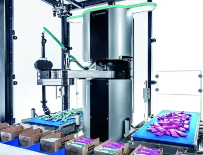 Der Cobot greift Produkte sicher aus der Unordnung und platziert sie beispielsweise direkt in Sekundärverpackungen