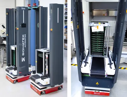 (li.) Mit viel Effizienz sorgen zwei AGVs für einen automatisierten Workflow in der Sigmatek-Logistik. (re.) Dank integriertem Förderband- und Liftsystem übergeben Sisi und Franz ihre Ladung flexibel auf verschiedenen Höhen, Bild: Sigmatek (li.) Mit viel Effizienz sorgen zwei AGVs für einen automatisierten Workflow in der Sigmatek-Logistik. (re.) Dank integriertem Förderband- und Liftsystem übergeben Sisi und Franz ihre Ladung flexibel auf verschiedenen Höhen