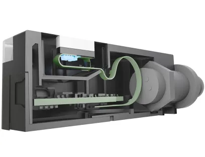 Die „NexSonic" Technologie nutzt ein spezielles Sensordesign, das einen Teil der Elektronik (hellblau) direkt an das Sensorelement bringt. Das Ergebnis sind kürzere Signalwege und verbesserte elektromagnetische Verträglichkeit, Bild: Baumer Ultraschallsensoren - Die „NexSonic" Technologie von Baumer nutzt ein spezielles Sensordesign, das einen Teil der Elektronik (hellblau) direkt an das Sensorelement bringt. Das Ergebnis sind kürzere Signalwege und verbesserte elektromagnetische Verträglichkeit