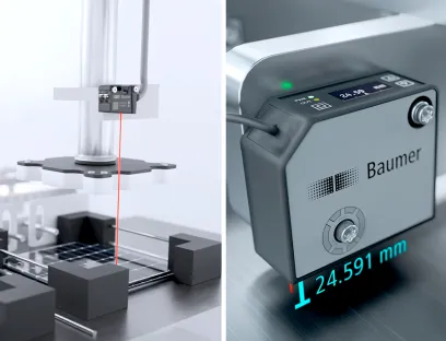 Optische Distanzsensoren: Time-of-Flight-Sensoren mit Laserstrahl (links) ermöglichen die präzise Positionierung eines Greifers auch auf unregelmässig geformten oder ultraschwarzen Objekten mit schlechten Remissionseigenschaften. Dank eines besonders feinen Linienstrahls messen Laser-Distanzsensoren (rechts) sehr zuverlässig und wiederholgenau und erzielen auch auf anspruchsvollen Oberflächen stabile und präzise Messergebnisse