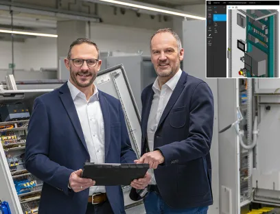 Rainer Meier, Systemadministrator bei Spangler, und Geschäftsführer Christian Brandmüller in der Fertigung. Bei jedem Projekt sind die Eplan-Plattformen im Einsatz