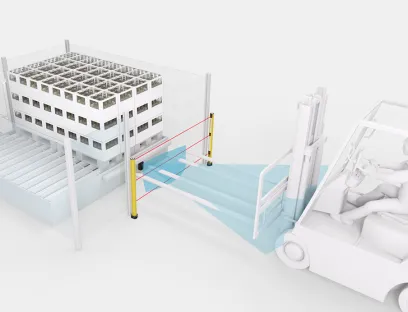 Sensorlösungen von Leuze als Zugangssicherung in der Gabelstapler-Logistik