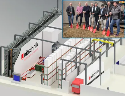 Die automatisierte Logistik unterstützt die internen Abläufe und die zukünftige Entwicklung des Unitechnik-Standorts Wiehl. Der Spatenstich erfolgte am 20.03.2026 in Wiehl, v.l.n.r.: Vladimir Musil, Architekt; Wolfgang Cieplik, Inhaber; Torsten Ley, Geschäftsführer; Dirk Panske, Projektleiter; Ulrich Stücker, Bürgermeister Wiehl; Heinz Poppek, Firmengründer; Rainer Poppek, Inhaber; Alexander Müller, Bauunternehmer