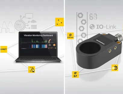 IO-Link: Mit „TAS Edge“ (li.) wird die Turck Automation Suite erweitert und verbindet Maschinen, Datenquellen und IT-Systeme über standardisierte Templates und Schnittstellen. Die Ringsensoren (re.) mit sechs bis 50 mm Durchmesser liefern Prozess- und Diagnosedaten für Zuführ- und Zählaufgaben sowie vorausschauende Wartung