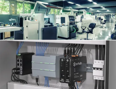 Einsatz der „in.hub“-Module (unten) für ein effizientes Energiemanagement in der SMD-Fertigung (oben)
