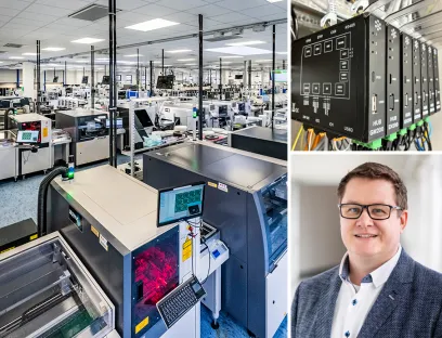 Hannes Grigull (re. unten), Energie- und Umweltmanager bei Turck Beierfeld, berichtet über den Einsatz der „in.hub“-Module (oben re.) für ein effizientes Energiemanagement in der SMT-Fertigung (li.)