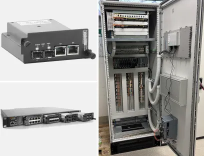 Die Managed Switches (links) der Substationline können bis zu drei HSR/PRP-Module aufnehmen. Die Möglichkeit, drei HSR-Ringe pro Switch aufzubauen, spart Platz und Materialien im Serverschrank (rechts)