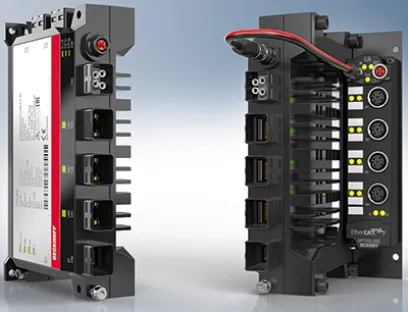 Der ultrakompakte IP-65/67-Rechner C7015 (links) lässt sich auch unter beengten Platzverhältnissen vor Ort an der Maschine montieren und benötigt selbst mit dem direkt angebauten Ethercat-P-I/O-Modul der EPP-Reihe (rechts) nur minimalen Bauraum, Bild: Beckhoff Ultra-Kompakt-Industrie-PC C7015 für die direkte Maschinenintegration