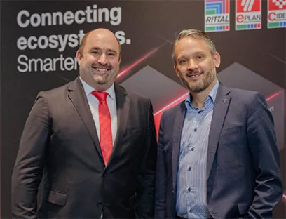 Sebastian Seitz, CEO von Eplan & Cideon und Dominic Kurtaz, Managing Director Eurocentral bei Dassault Systèmes (v. l.), wollen die Prozesseffizenz gemeinsamer Kunden deutlich steigern, Bild: Eplan Sebastian Seitz, CEO von Eplan & Cideon und Dominic Kurtaz, Managing Director Eurocentral bei Dassault Systèmes (v. l.)