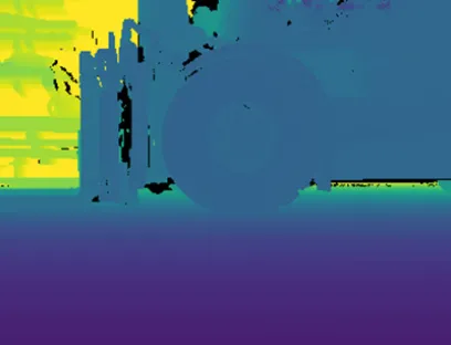 Ifm und die RWU forschen im Projekt „3DROBUST“ an der Umgebungserkennung für autonome Roboter. Die Aufnahme zeigt das 3D-Distanzbild eines Staplers aus niedriger Perspektive