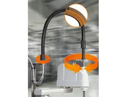Speziell für hohe Dynamiken an Scara Robotern hat Igus die neue Scara Cable Solution entwickelt. Sie besteht aus kugelgelagerten Drehanbindungen und einer e-rib zur Stabilisierung des Wellschlauchs, Bild: Igus Speziell für hohe Dynamiken an Scara Robotern hat Igus die neue Scara Cable Solution entwickelt. Sie besteht aus kugelgelagerten Drehanbindungen und einer e-rib zur Stabilisierung des Wellschlauchs
