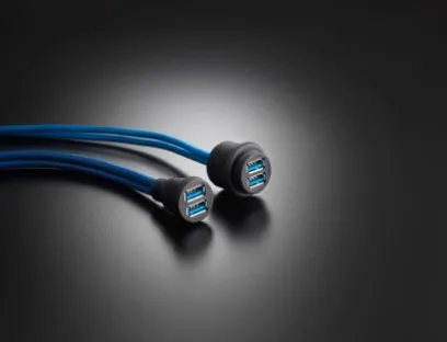 Neu bei EVG: Doppelstock-USB-Gerätedosen in den Bauformen M22 und M30 mit Verbindungsleitung, Bild: EVG Neu bei EVG: Doppelstock-USB-Gerätedosen in den Bauformen M22 und M30 mit Verbindungsleitung
