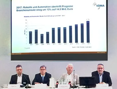 v.l.n.r.: Holger Paul, Pressesprecher VDMA, Falk Senger, Geschäftsführer Messe München, Dr. Norbert Stein, Vorstandsvorsitzender VDMA Robotik + Automation und Patrick Schwarzkopf, Geschäftsführer VDMA Robotik + Automation, Bild: EAD-portal.de/Susanne Woggon VDMA Robotik + Automation stellt Branchendaten vor