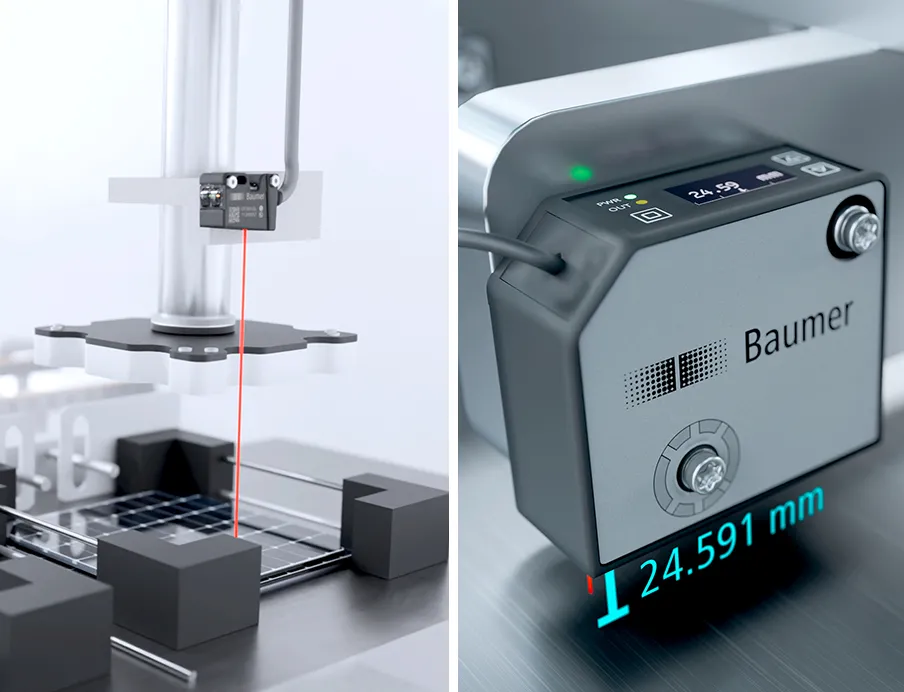 Optische Distanzsensoren: Time-of-Flight-Sensoren mit Laserstrahl (links) ermöglichen die präzise Positionierung eines Greifers auch auf unregelmässig geformten oder ultraschwarzen Objekten mit schlechten Remissionseigenschaften. Dank eines besonders feinen Linienstrahls messen Laser-Distanzsensoren (rechts) sehr zuverlässig und wiederholgenau und erzielen auch auf anspruchsvollen Oberflächen stabile und präzise Messergebnisse
