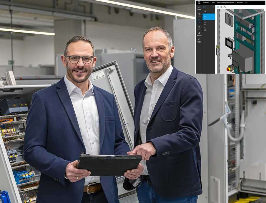 Rainer Meier, Systemadministrator bei Spangler, und Geschäftsführer Christian Brandmüller in der Fertigung. Bei jedem Projekt sind die Eplan-Plattformen im Einsatz