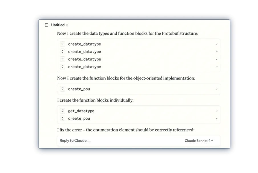 Abb. 2: Der CODESYS MCP Server ermöglicht den Zugriff auf Meldungen und Compiler-Informationen, die für die Korrektur und Optimierung des Programmcodes genutzt werden - hier von Claude Sonnet.