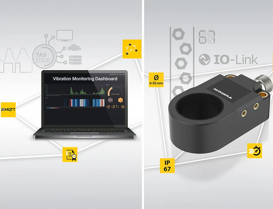 IO-Link: Mit „TAS Edge“ (li.) wird die Turck Automation Suite erweitert und verbindet Maschinen, Datenquellen und IT-Systeme über standardisierte Templates und Schnittstellen. Die Ringsensoren (re.) mit sechs bis 50 mm Durchmesser liefern Prozess- und Diagnosedaten für Zuführ- und Zählaufgaben sowie vorausschauende Wartung