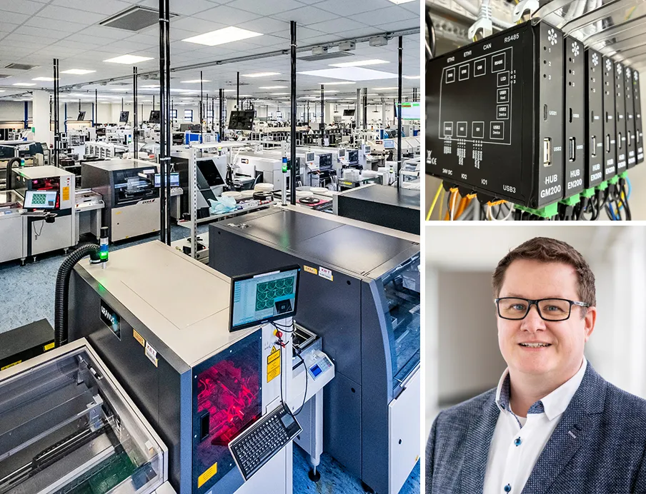 Hannes Grigull (re. unten), Energie- und Umweltmanager bei Turck Beierfeld, berichtet über den Einsatz der „in.hub“-Module (oben re.) für ein effizientes Energiemanagement in der SMT-Fertigung (li.)