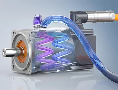 Die Servomotoren „AM8300“ bieten durch die effiziente, integrierte Wasserkühlung eine äußerst hohe Leistungsdichte, Bild: Beckhoff Servomotoren AM8300 bieten durch effiziente, integrierte Wasserkühlung eine hohe Leistungsdichte
