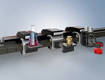 Die XTS-Mover können mit der neuen No Cable Technology zu mobilen Handling- oder Bearbeitungsstationen werden und damit XTS zu einem hochflexiblen Multi-Robotersystem erweitern.