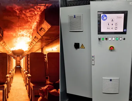 Automatisierung: Trainingssituation im Inneren der Flugzeugnachbildung - Schaltschrank mit Mitsubishi Electric „GOT2000 HIMI“, Bild: Fire Go