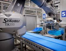 Die hygienegerechten Stäubli Roboter verpacken pro Stunde bis zu 5,5 Tonnen Käse